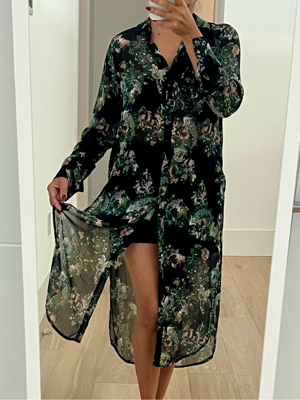 Zara Dark Green Floral Sheer Long-Sleeve Shirt dress/Duster.